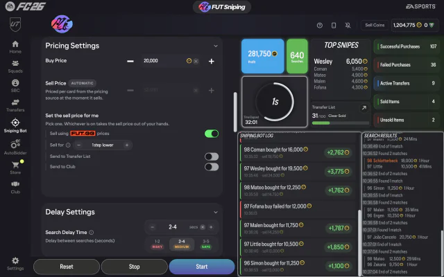 The Sniping Bot mid-session: filter settings, a running log of buys and their profit, and the session’s totals