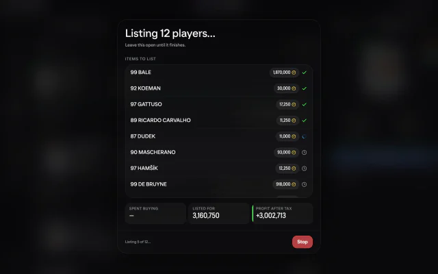 Twelve players going up for sale at once, each at its own market price, with the profit after tax totalled underneath