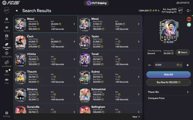 A transfer market search where every card carries its live market price, alongside EA’s own bid and buy-now figures
