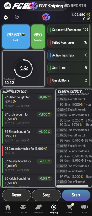 The bot on a phone: the session’s profit and searches, the delay ring, and the log of buys scrolling under them
