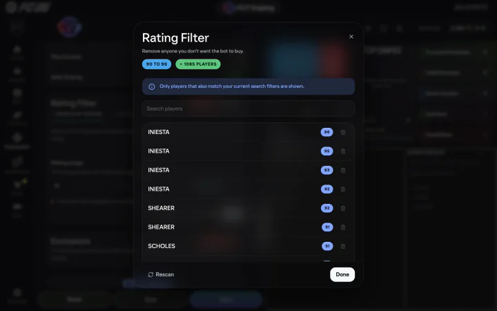 The Rating Filter listing the 1,085 players inside a 90-to-96 band, each removable from what the bot will buy